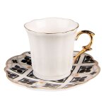 Tasse  caf avec dessous de tasse en porcelaine blanc, noir, dor 95m