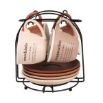 Tasses  caf et soucoupes (x4) en porcelaine marron, beige et support en mtal noir