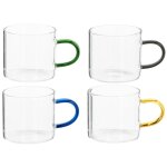 Tasses en verre transparent, jaune, bleu et gris (x4) Tasses en verre transparent, jaune, bleu et gris (x4)
