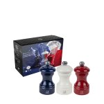 Trio 2 moulins poivre et 1 moulin sel, manuels en bois, bleu, blanc et Trio 2 moulins poivre et 1 moulin sel, manuels en bois, bleu, blanc et