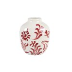 Vase en grès blanc motif végétal rouge h12 Vase en grès blanc motif végétal rouge h12