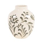 Vase en grs blanc motif vgtal vert h22