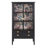 Vitrine en sapin noir 2 portes 2 tiroirs, fond imprim feuilles