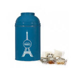 Boîte tour eiffel en métal laqué bleu - canard garnie de confiseries 265g Boîte tour eiffel en métal laqué bleu - canard garnie de confiseries 265g