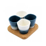 Coffret 4 gobelets � caf� en c�ramique bleu + support en li�ge