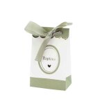 10 sachets bapt�me papier vert de gris blanc et or