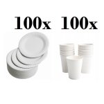 100 assiettes jetables 23cm blanc + 100 gobelets carton 240ml - vaisselle jetable