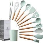 Ustensiles de cuisine - non spcifi - set de 11 pices - silicone - manche en bois - bote de rangement ...