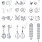 12paires boucles doreilles  clip pour femme filles non perces perle cristal strass argent or pendantes ...