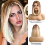 14 inches court droite ombre blonde bob perruques cheveux synthtiques avec racines fonces pour la fte ...