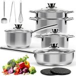 14 - pices batterie de cuisine en acier inoxydable casseroles avec cuiseur vapeur et couvercles en verre ...