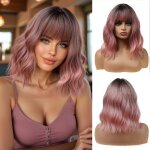 14 pouces court ndule ombre rose bob perruque avec franges naturelle synthtique heat resistant perruques ...