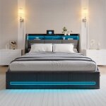 140 x 190 cm lit double coffre en lin gris avec sommier  lattes clairage led rglable usb et rangement ...