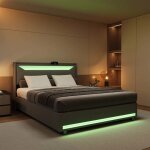 140 x 200 cm lit coffre en lin griscadre de lit avec sommier � lattes led r�glable port usb et fonction ...