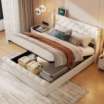 140x190 cm lit double coffre en velours beige avec sommier � lattes 2 liseuses usb et rangement hydraulique ...