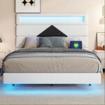 Lit double suspendu 140x190 cm en velours beige cadre de lit avec base de plaque lampe led usb et tte ...