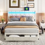 160 x 200 cm lit double coffre en lin beige avec sommier  lattes bande lumineuse led rglable port usb ...