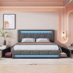 160 x 200 cm lit double coffre en lin gris avec sommier � latte bandeau lumineux led t�te de lit r�glable ...