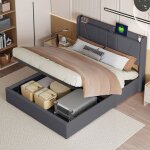 160x200 cm lit double coffre en lin gris avec sommier � lattes coussins de t�te de lit moelleux usb et ...