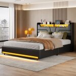 160x200 cm lit double coffre en simili cuir noir avec sommier � lattes bande lumineuse led r�glable usb ...