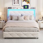 160x200cm lit double coffre en similicuir blanc avec sommier � lattes bande lumineuse led r�glable usb ...