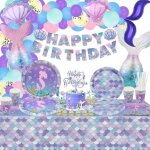 175 d�corations danniversaire en forme de sir�ne : ballons assiettes de f�te banni�res tasses nappe avec ...