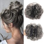 1pc perruque synth�tique chignon postiche avec clip chignon d�coiff� coiffures ondul�es pour femmes gris ...