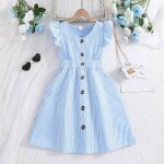 2025 nouvelle collection robe d�t� pour filles� rayures bleu clair