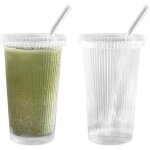 2pcs gobelets en verre transparent nervur�s r�utilisables avec paille et couvercle pour jus lait bi�re ...
