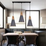 3 lampes barre lustre suspension moderne luminaire industrielle �14cm abat - jour m�tal gris r�tro bois ...