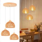 Lustre suspension - cercle rotin - 3 lampes e27 - bois / rotin / m�tal - vintage industriel