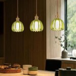 Lustre suspension - 3 lampes verre vert smotop - abat - jour verre 13 cm - laiton dor� - 3x e27
