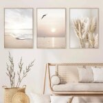 3 tableau decoration murale beige affiche nature 30x40cm poster mural pampas mer plage paysage impression ...