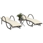 35422& lot de 2 bains de soleil - avec table - marron r�sine tress�e - l60 x p199 x h42 cm - tissu 100 ...