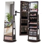 4 en 1 armoire � bijoux pivotante � 360� costway lumi�res led et miroir support de s�che - cheveux etag�res ...