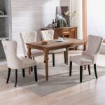 4 pi�ces chaises de salle � manger en lin beige pieds en ch�ne bouton heurtoir chrom� et garniture clout�e ...