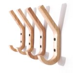 Lot de 4 crochets muraux en bois de caoutchouc ? pat�res double crochet 16�6�25 cm beige