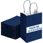 50 sacs cadeaux en papier kraft bleu fonc� 32x12x42 cm - sac cadeau anniversaire - sac cadeau avec poign�es ...