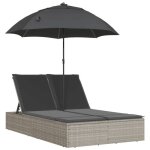 (52441)bains de soleil / transat chicchaise longue double avec coussins et parasol gris clair rotin fr ...