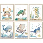 6 pcs animaux marins murale aquarelle animaux marins murale enfants chambre b�b� d�coration 8x10 poster ...