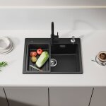 �vier de cuisine en granit - noir anthracite - 60x45cm - 1 bac - r�versible - distributeur de savon