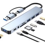 Hub usb c - otbact - 8 en 1 - aluminium - 4 ports usb - lecteur sd / tf
