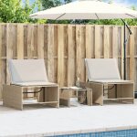 88596& lot de 2 bains de soleil - avec table - en r�sine tress�e beige - l70 x p98 x h82 cm - tissu 100 ...