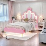 Lit princesse 90�200 cm rembourr� rose avec t�te de lit couronne led r�glable et sommier � lattes
