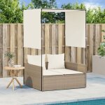 92409& bains de soleil double avec toit et rideaux beige r�sine tress�e - l118 x p110 x h187 cm - tissu ...