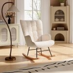 92x75x69 cm chaise  bascule en velours beige chaise de loisirs avec cadre en bois massif et coussin ...