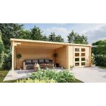 Abri de jardin en bois brut  toit plat avec appentis dimensions extrieures 298 x 240 + 400 cm paisseur ...