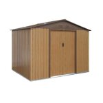 Abri de jardin en mtal - ferrain 5. 29m couleur chne - cabane  outils avec deux grandes portes coulissante ...