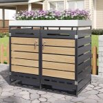 Abri � poubelles - generique - 2 compartiments - aspect bois - m�tal antirouille - bac � fleurs int�gr� ...