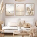 Affiche nature decoration murale beige tableau mer plage coucher soleil pampas poster boh�me impression ...